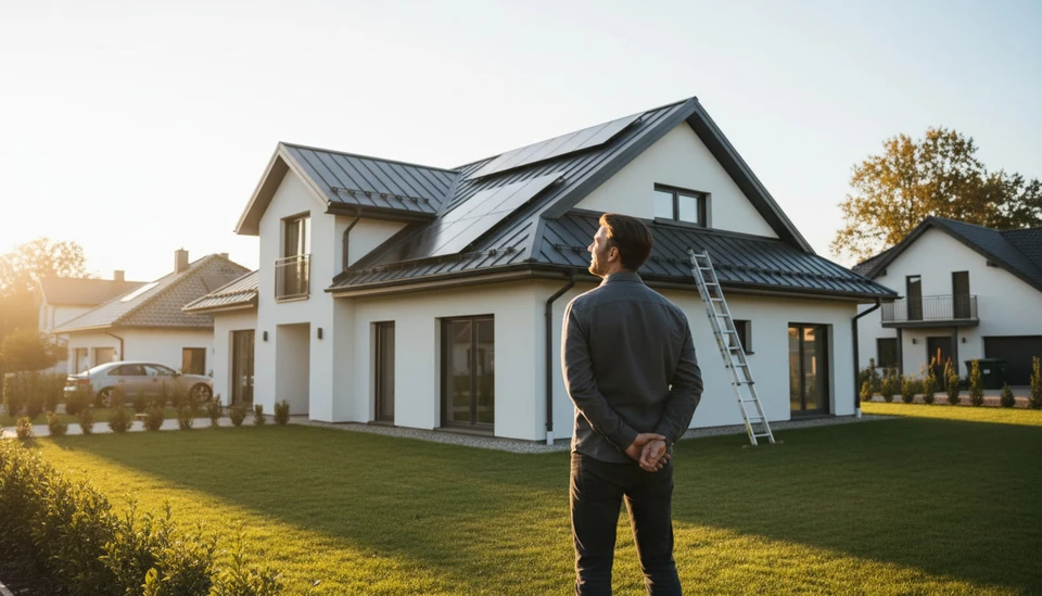 Homme souriant dans atelier de menuiserie tenant une planche de bois, entouré d'outils de travail du bois