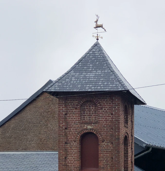 Toiture résidentielle moderne avec tuiles ardoise grises, cheminées en brique, lucarne avec fenêtre et structure murale en blocs béton