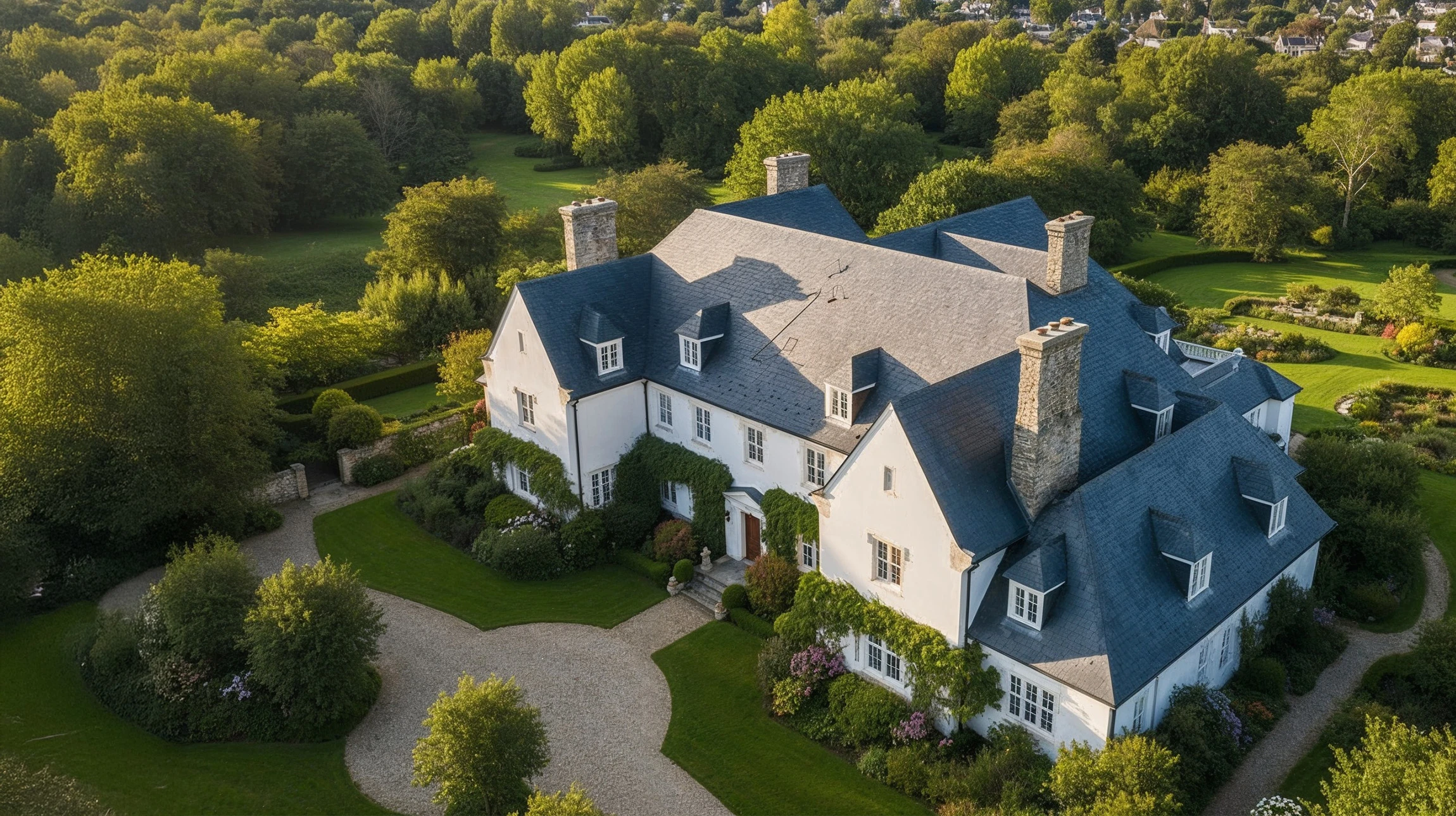 Le toit d'un immeuble résidentiel, avec un toit en tuiles, une cheminée, des marches et des lucarnes