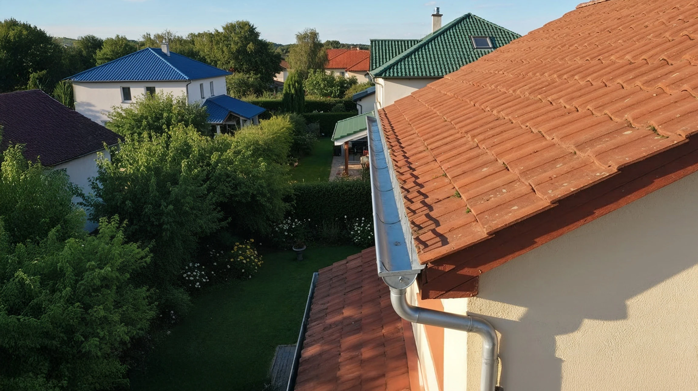 Extérieur d'une maison avec toiture en tuiles ondulées beiges et mur en briques rouges