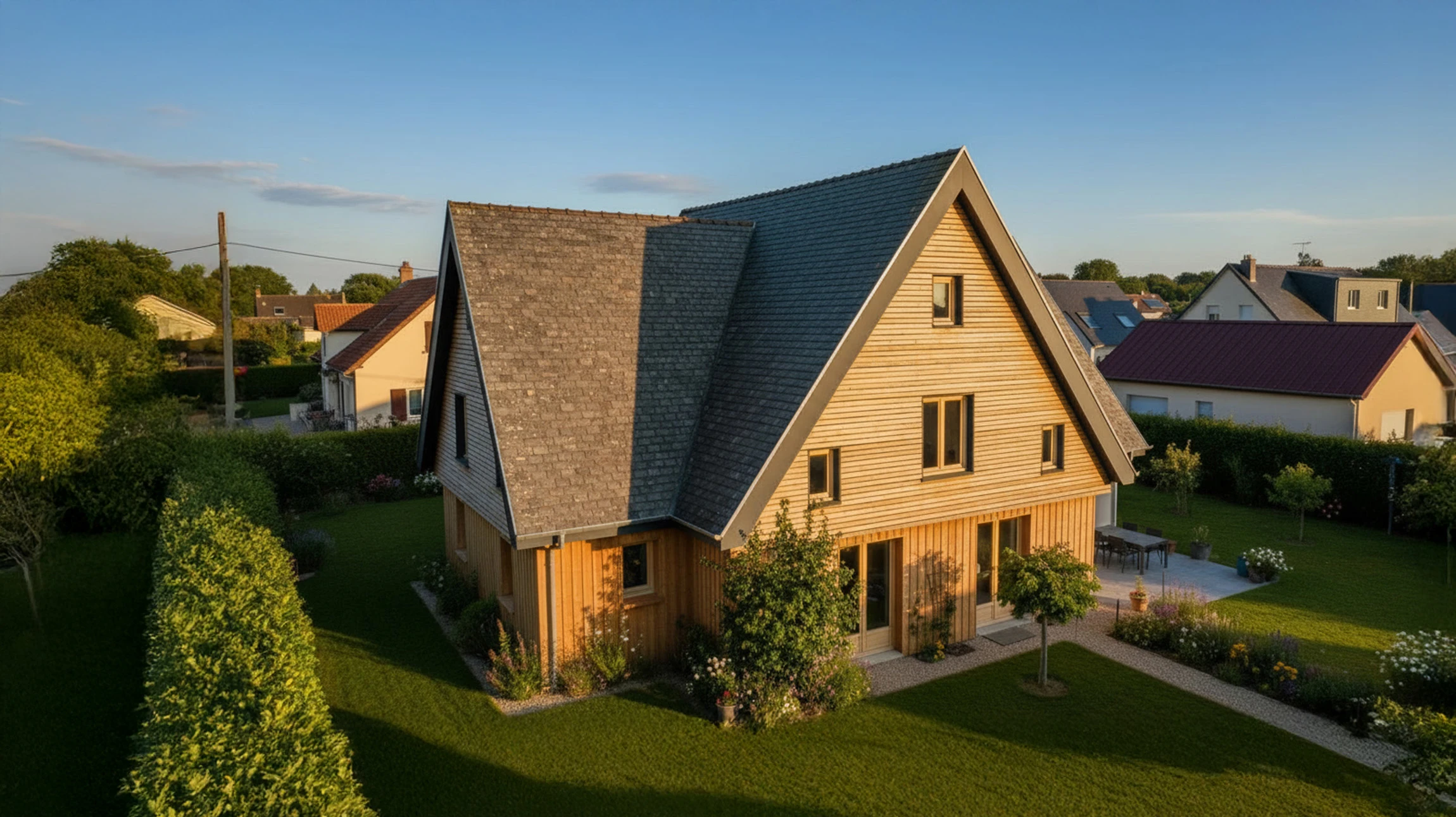 Maison contemporaine à deux étages avec garage double, située dans un quartier résidentiel boisé